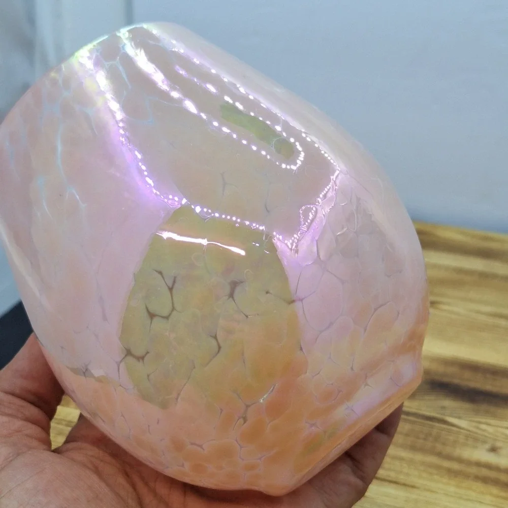 Pink Iridescent Studio Art Glass Hand Blown Vase Spotted 5.5 Inch Pontil‎